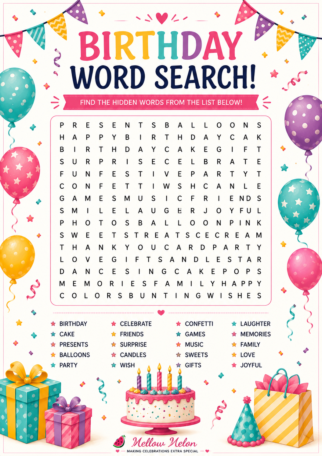 Birthday Word Search Printable Game | Instant Download Birthday Party Activity