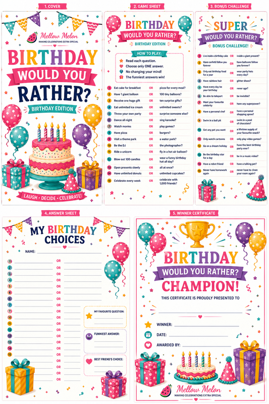 Birthday Would You Rather? Printable Game | Instant Download Birthday Party Activity