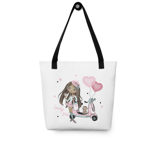 Lovely Girl Scooter Tote Bag – Cute Pink Fashion Girl Canvas Tote with Cat & Heart Balloons | Stylish Reusable Shopping Bag