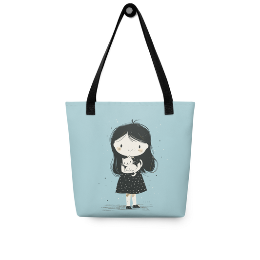 Cute Girl Holding Cat Tote Bag – Minimalist Cartoon Girl Canvas Tote | Cat Lover Tote Bag