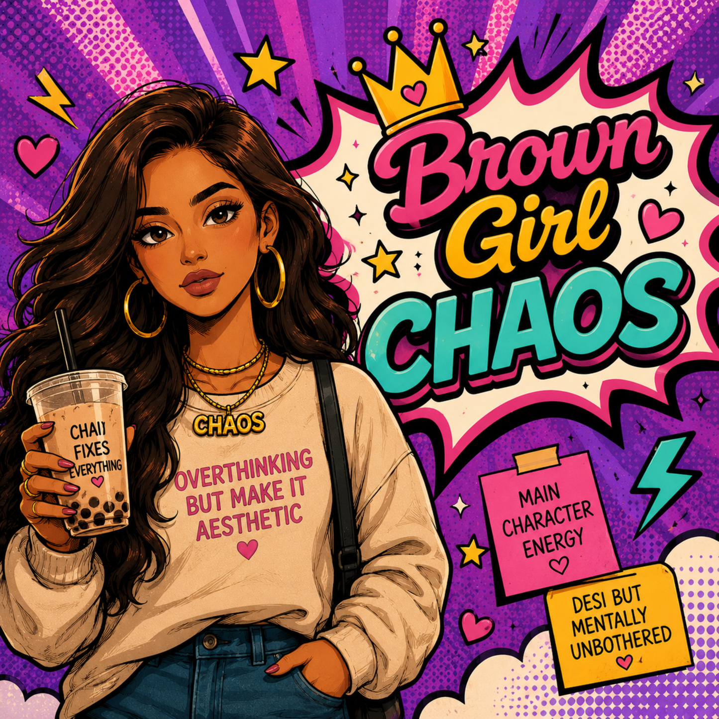 Brown Girl Chaos Canvas Print – Trendy Pop Art Wall Decor for Girls