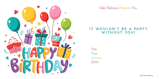Colorful Birthday Party Invitation – Balloons, Gifts & Fun Design (Pack of 10)
