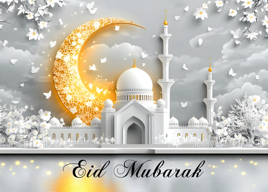 Eid Mubarak Greeting Card – Elegant Mosque & Crescent Moon Design