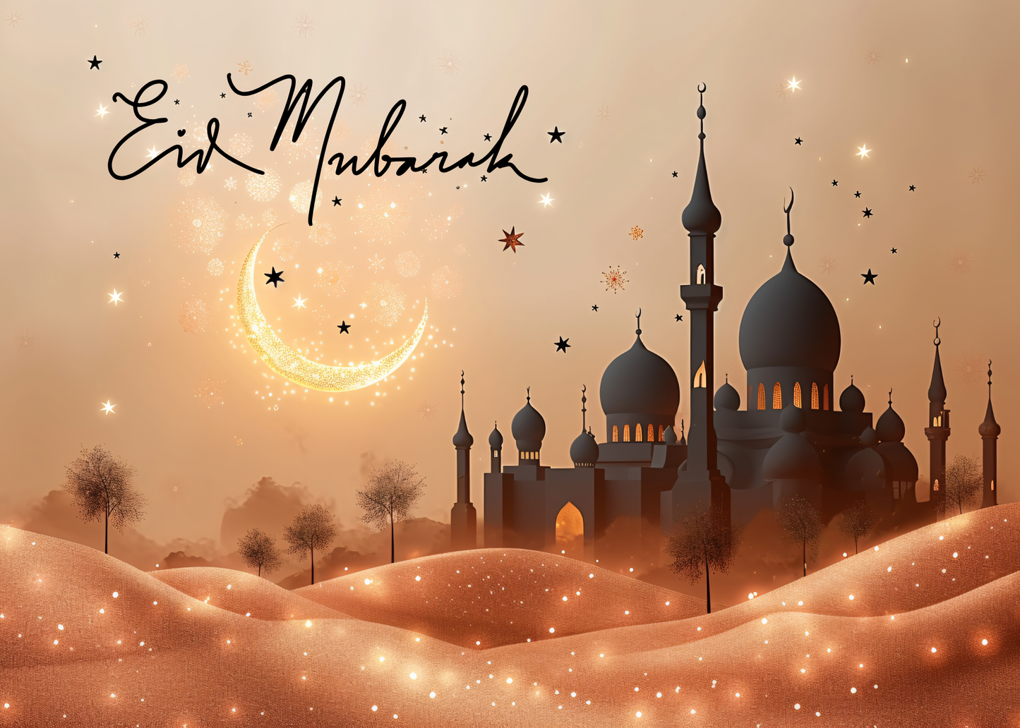 Eid Mubarak Greeting Card with Glitter Crescent Moon and Desert Mosque Design