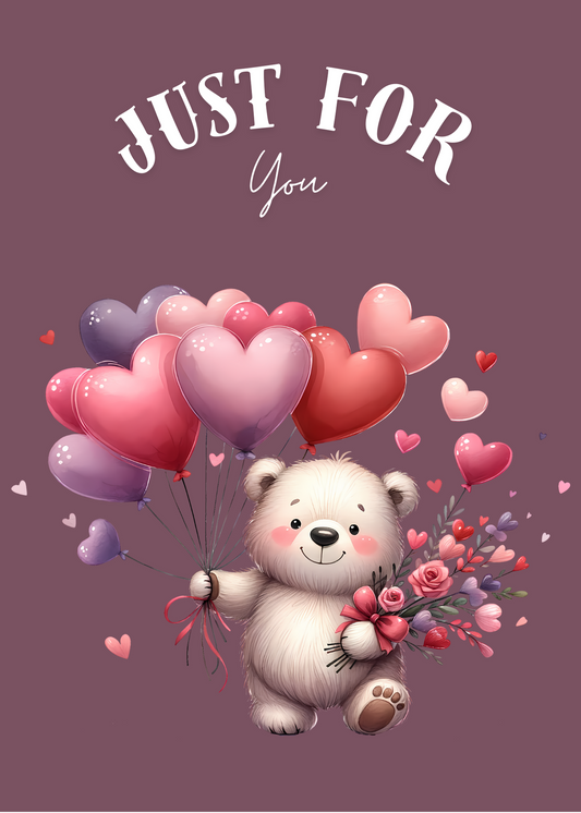 Just for You – Heart Balloon Bear Greeting Card