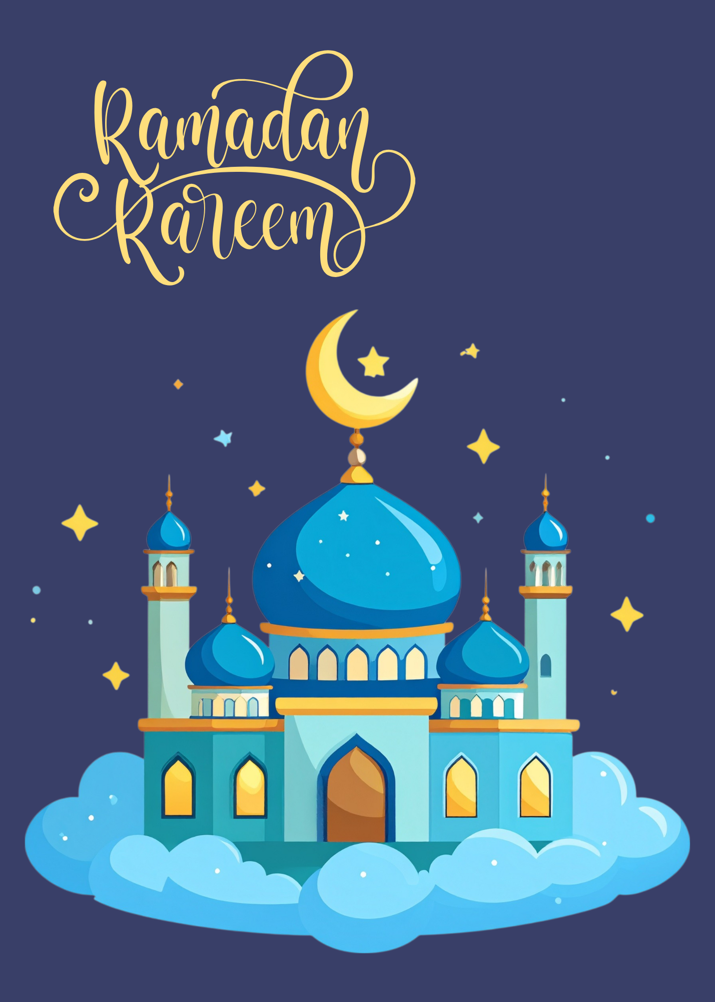 Ramadan Kareem Greeting Card – Cute Mosque & Crescent Moon Design