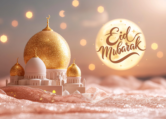 Eid Mubarak Greeting Card – Golden Dome & Sunset Mosque Design