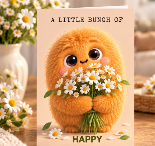 A Little Bunch of Happy thinking of you card featuring a cute orange fluffy character holding a bouquet of daisies