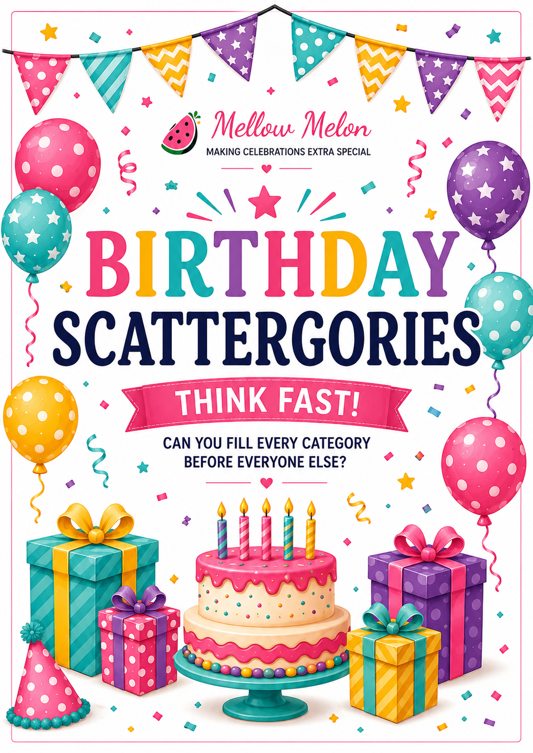 Birthday Scattergories Printable Game | Instant Download Birthday Party Activity