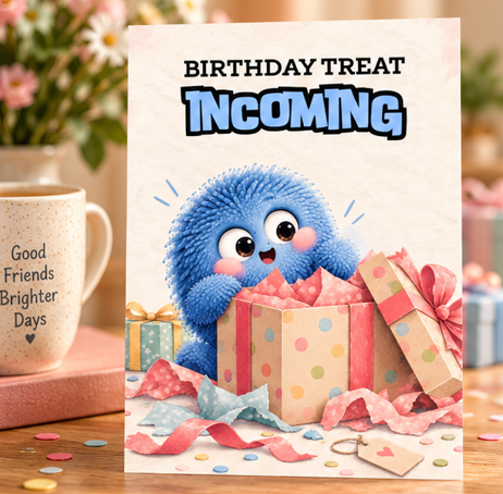 Birthday Treat Incoming cute birthday card with blue fluffy character popping out of a colourful gift box