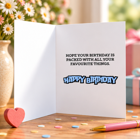 Inside of Birthday Treat Incoming card with Hope your birthday is packed with all your favourite things message