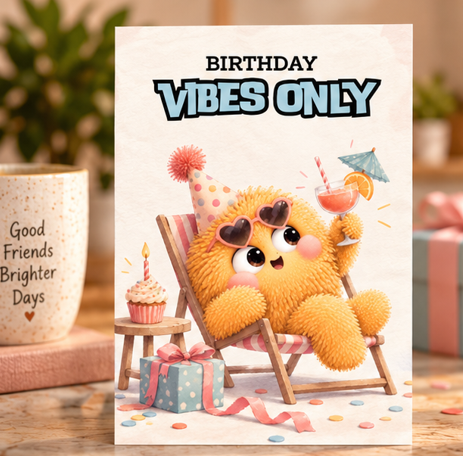 Birthday Vibes Only birthday card with cute yellow fluffy character relaxing in a deckchair with party drink, cupcake and present