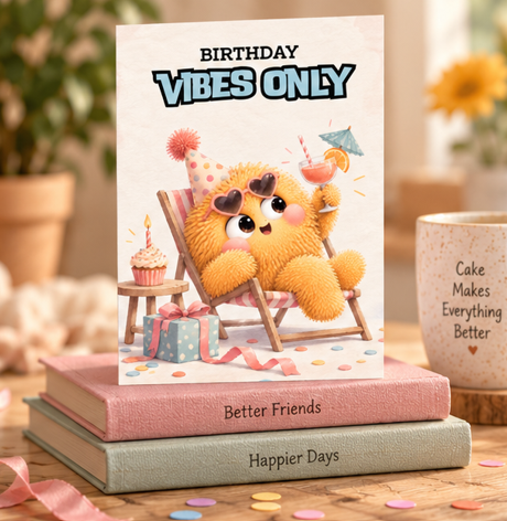 Inside of Birthday Vibes Only card with put your feet up treat yourself and enjoy every minute birthday message