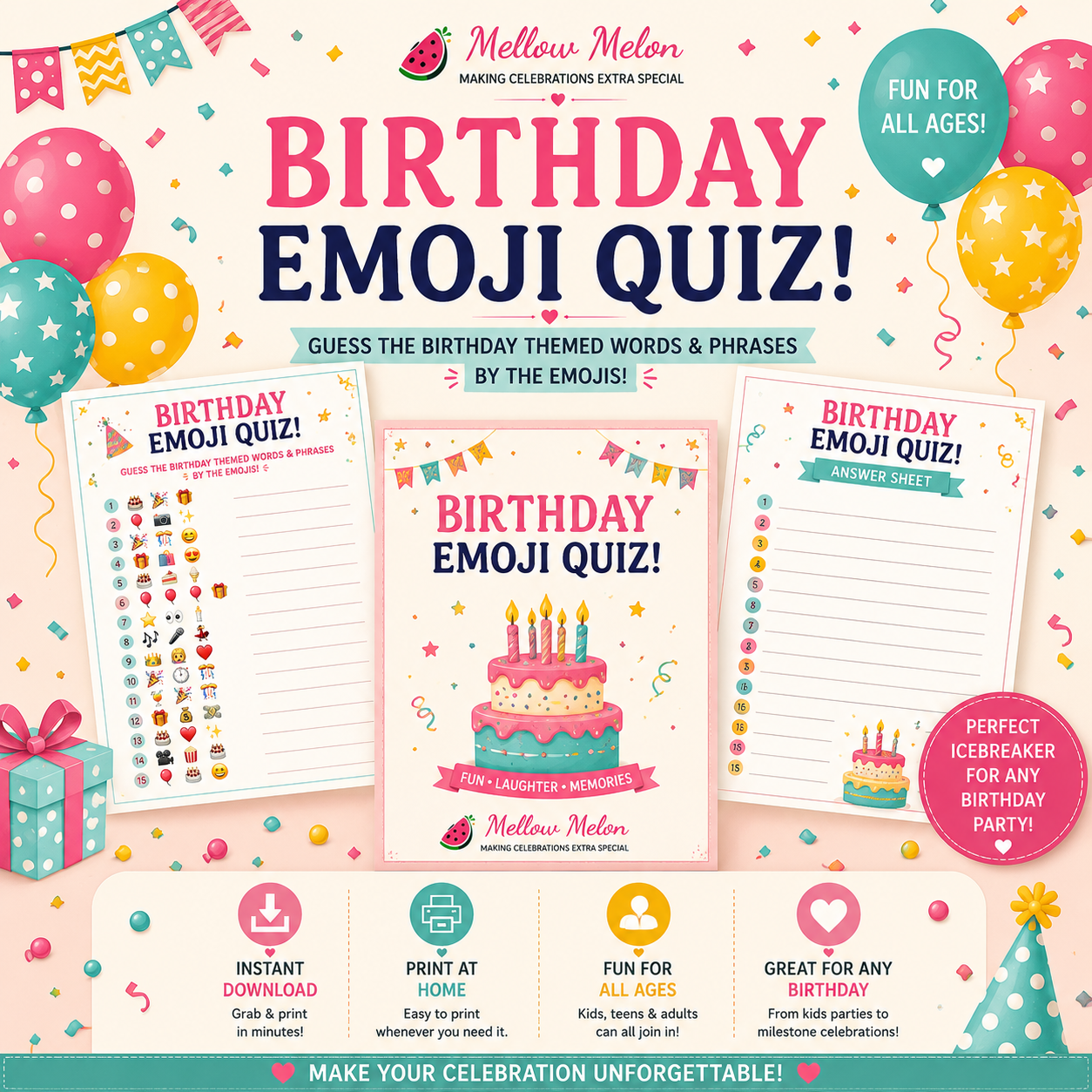 Birthday Emoji Quiz Printable Game | Instant Download Birthday Party Activity