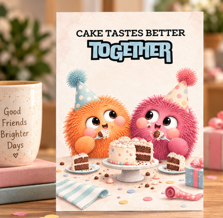 Cake Tastes Better Together birthday card with two cute fluffy characters in party hats sharing birthday cake