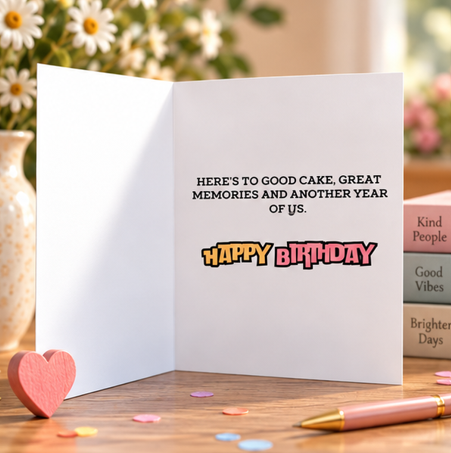 Inside of Cake Tastes Better Together card with good cake great memories and another year of us Happy Birthday message
