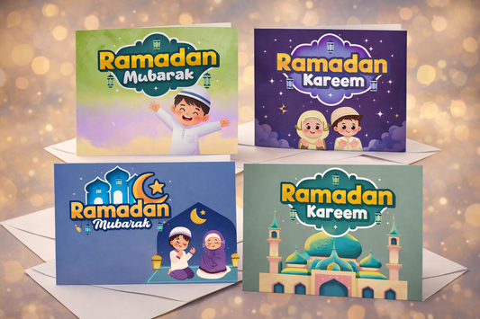 🌙 Ramadan Kids Greeting Cards – Set of 4