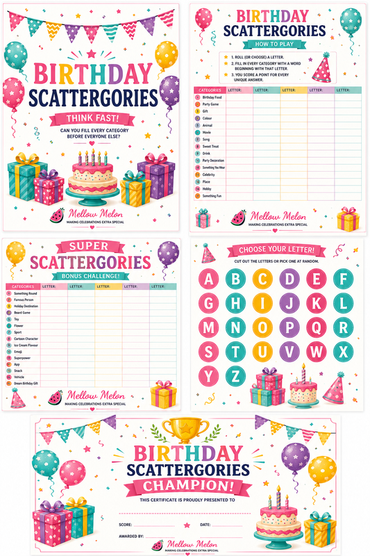 Birthday Scattergories Printable Game | Instant Download Birthday Party Activity