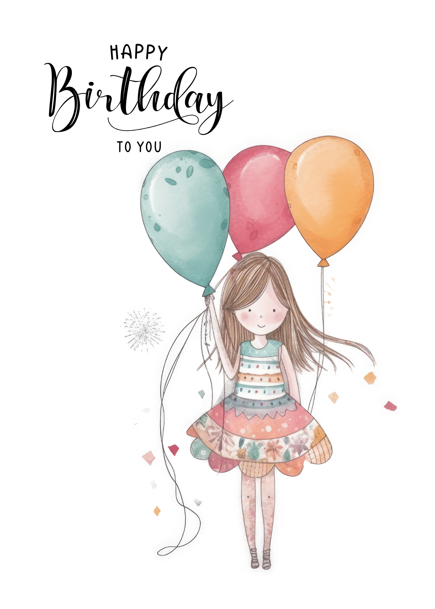 Happy Birthday Girl Greeting Card – Whimsical Watercolor Balloons & Confetti