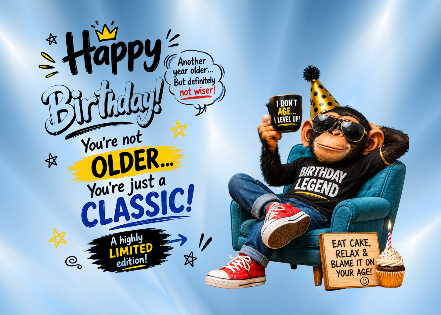 Funny Monkey Birthday Card – “You’re Not Older, You’re Just a Classic” Humorous Birthday Greeting Card