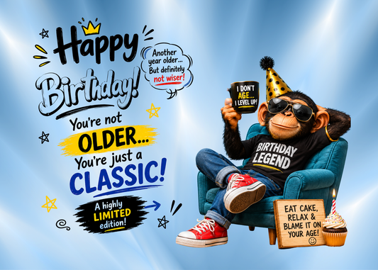 Funny Monkey Birthday Card – “You’re Not Older, You’re Just a Classic” Humorous Birthday Greeting Card