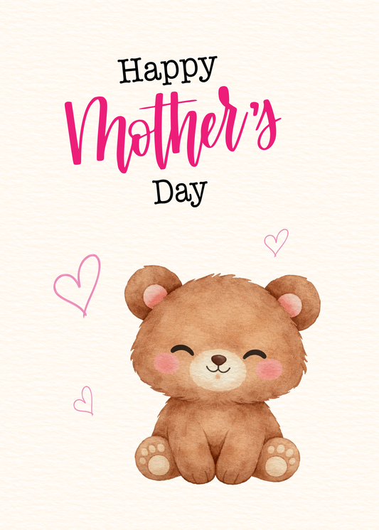 Cute Happy Mother’s Day Bear Greeting Card – Adorable Mother’s Day Card with Hearts
