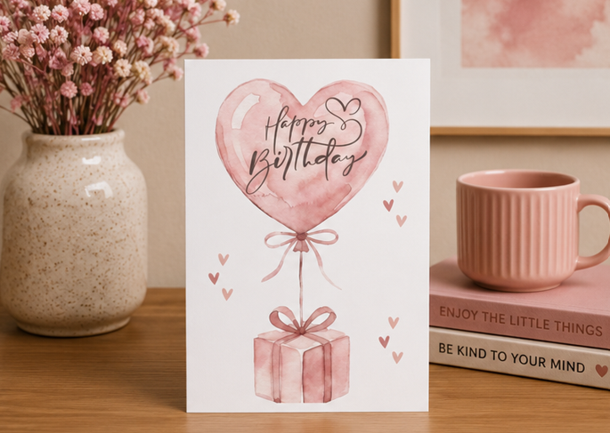 Happy Birthday Heart Balloon Gift – Cute Illustrated Birthday Card