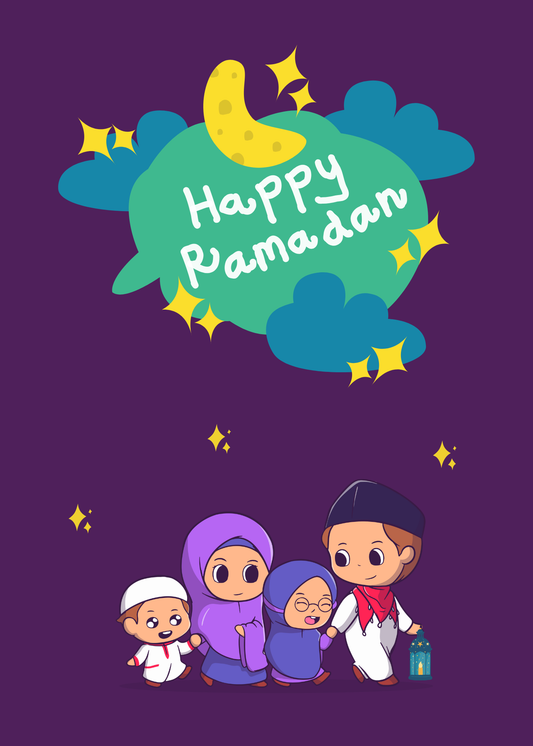 Happy Ramadan Family Illustration – Cute Muslim Kids & Lantern Artwork