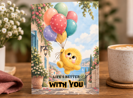 Life’s Better With You friendship card featuring a cute yellow fluffy character floating with colourful balloons