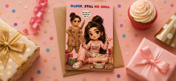 Older, Still No Chill – Funny Desi Birthday Card