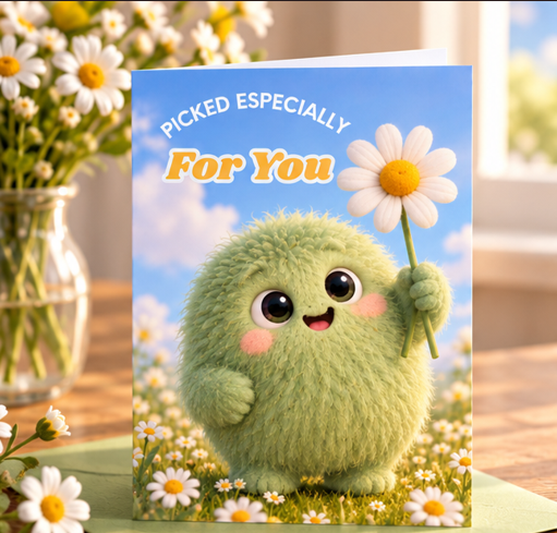 Picked Especially For You friendship card featuring a cute fluffy green character holding a daisy