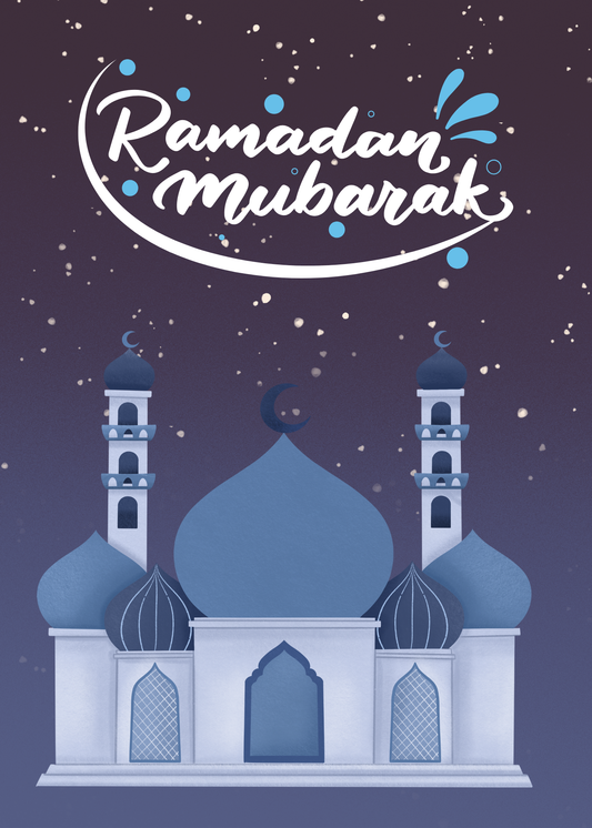 Elegant Ramadan Mubarak Greeting Card – Blue Mosque & Starry Night Design
