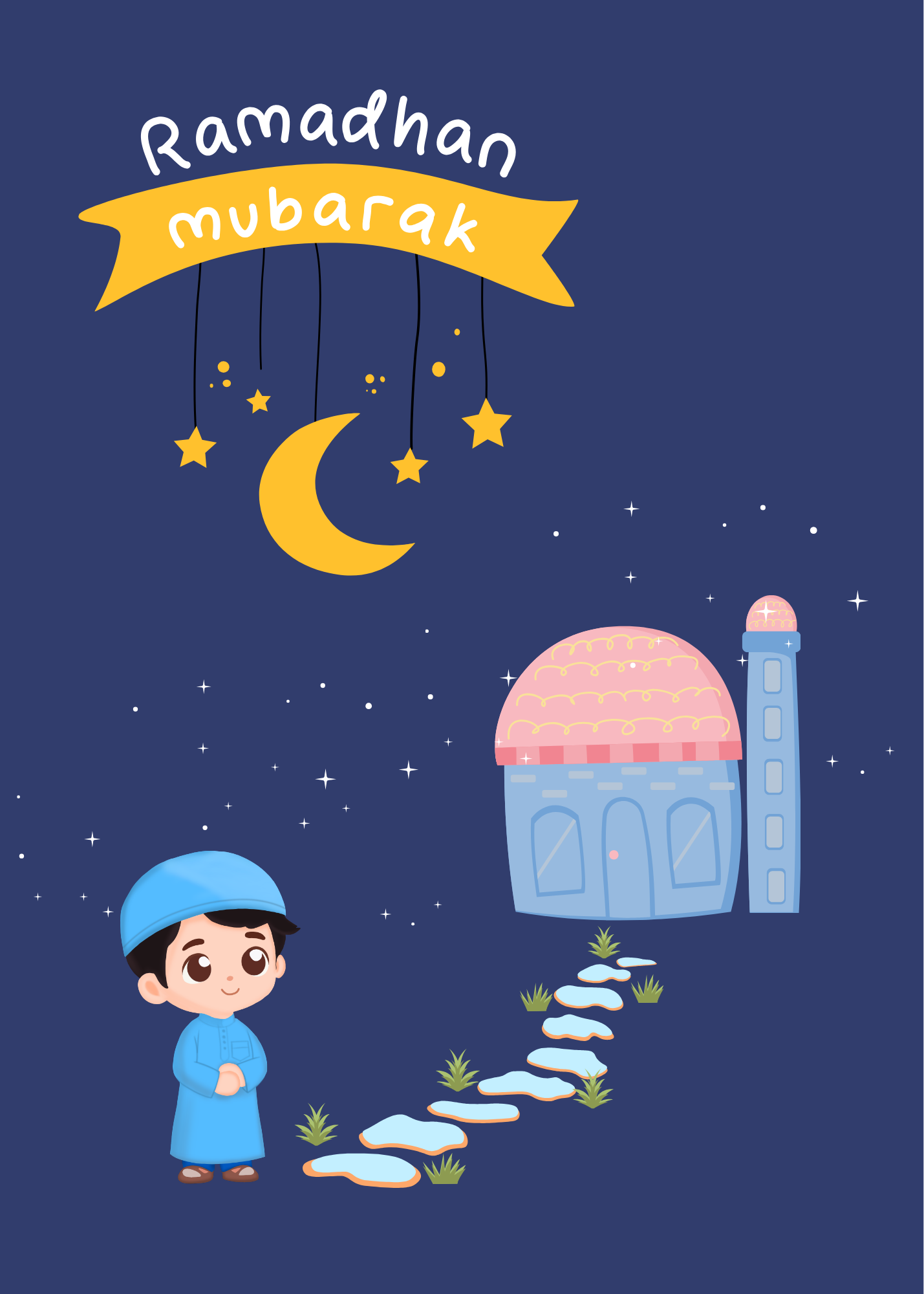 Ramadhan Mubarak Kids Card – Cute Boy & Mosque Illustration