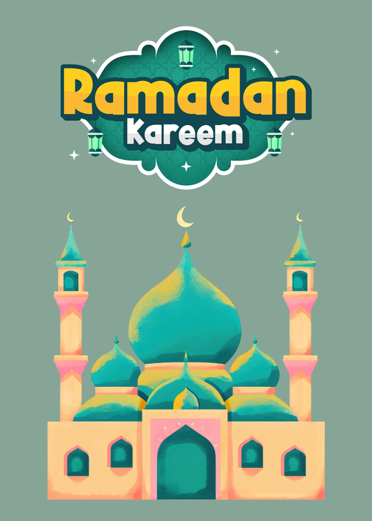 Ramadan Kareem Greeting Card – Colorful Mosque Illustration