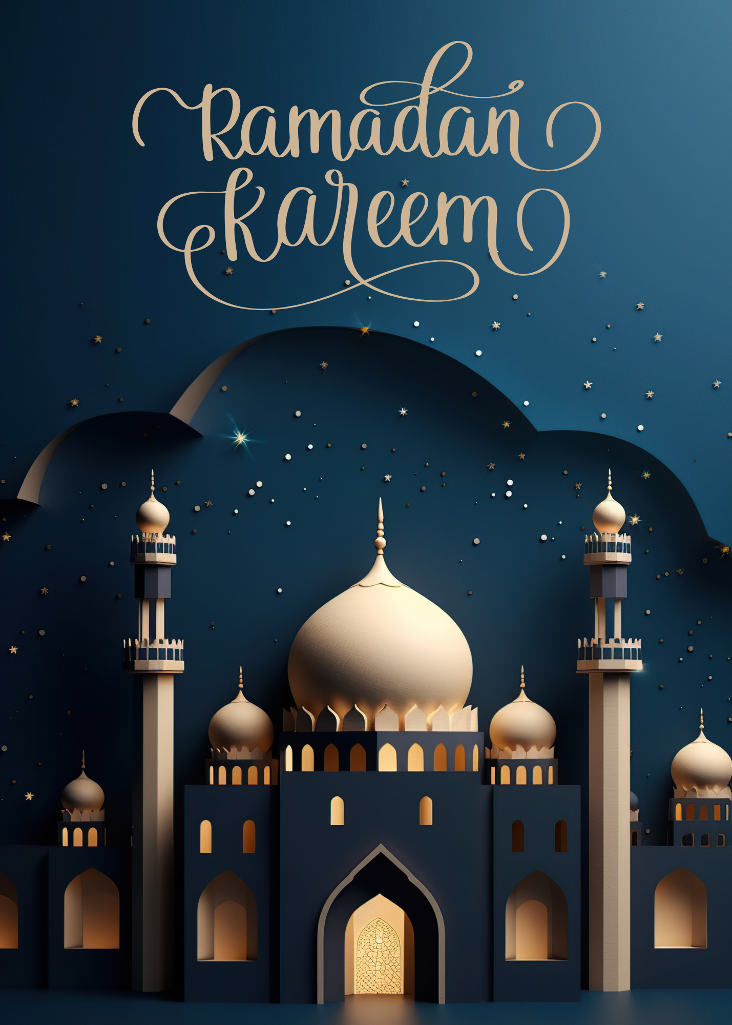 Elegant Ramadan Kareem Greeting Card – Midnight Blue & Gold Mosque Design