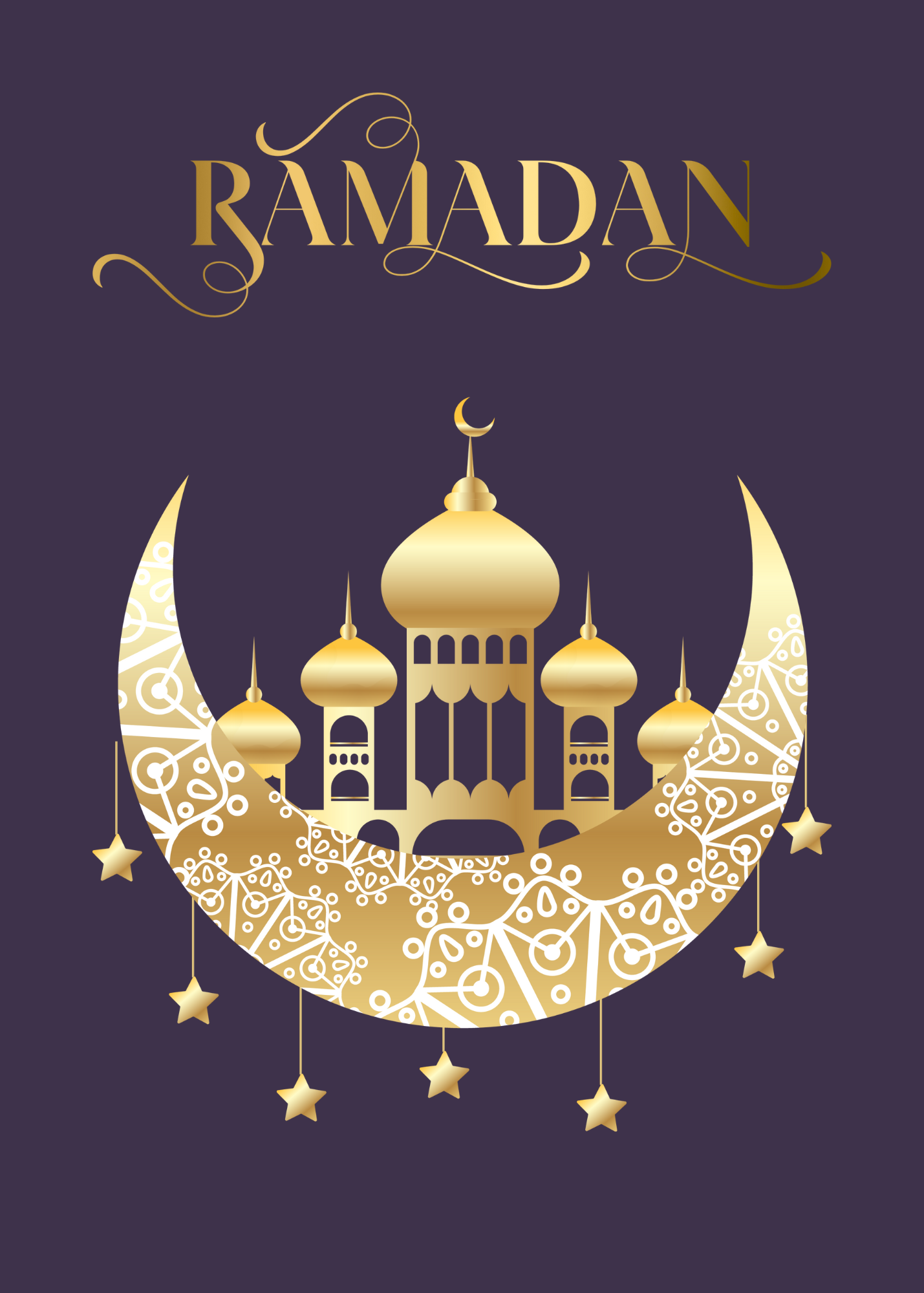 Elegant Ramadan Mubarak Gold Crescent Moon & Mosque Illustration