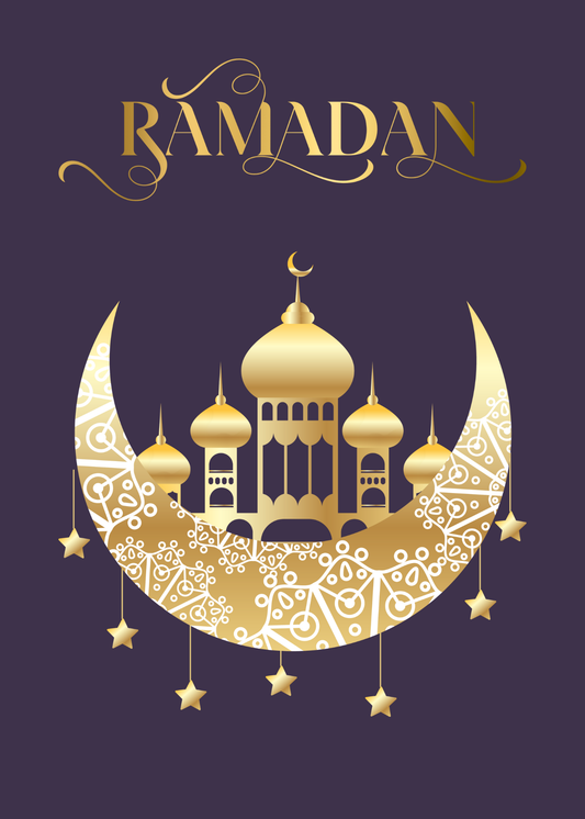 Elegant Ramadan Mubarak Gold Crescent Moon & Mosque Illustration