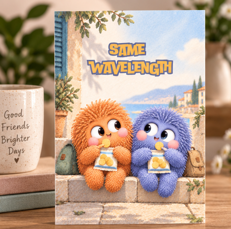 Same Wavelength best friend card featuring two cute fluffy friends sitting together and sharing snacks