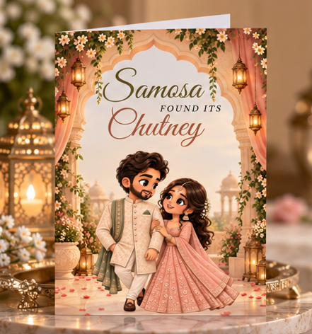 Samosa Found Its Chutney Desi engagement card featuring an illustrated South Asian couple beneath a floral arch