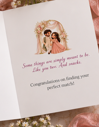 Inside of Samosa Found Its Chutney engagement card with perfect match congratulations message and illustrated couple
