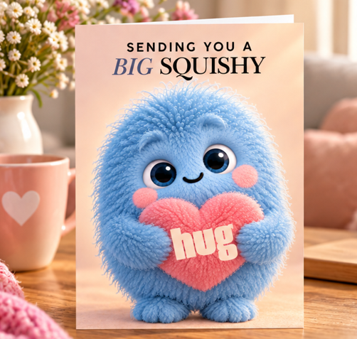 Sending You a Big Squishy Hug thinking of you card featuring a cute blue fluffy character holding a pink heart