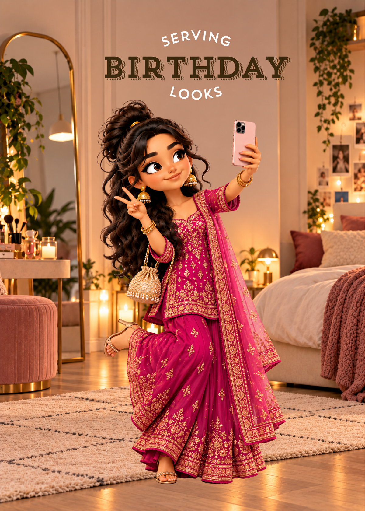 Serving Birthday Looks Desi birthday card featuring a South Asian woman in a bright pink traditional outfit taking a selfie