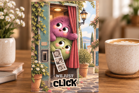 We Just Click best friend card featuring two cute fluffy friends posing together in a photo booth