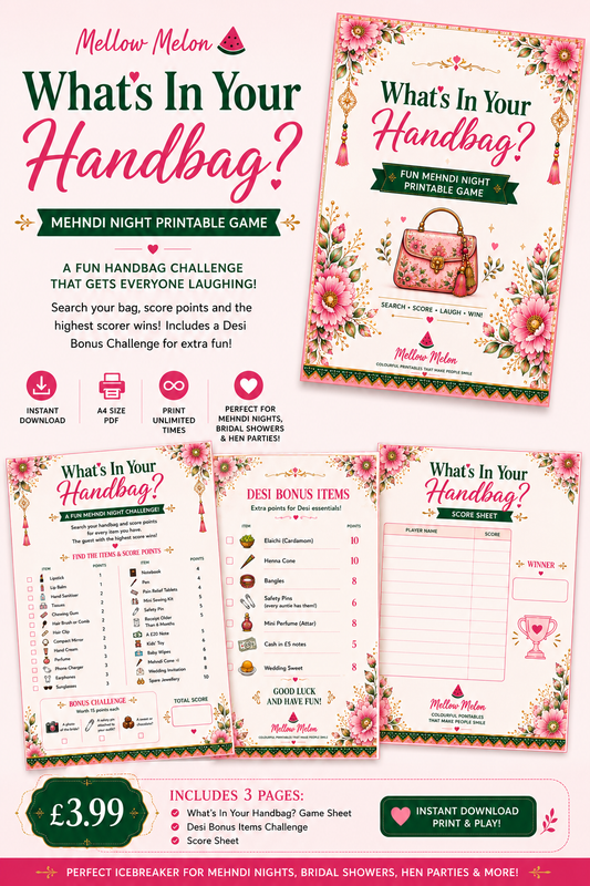 What's In Your Handbag? | Mehndi Night Printable Game | Instant Download