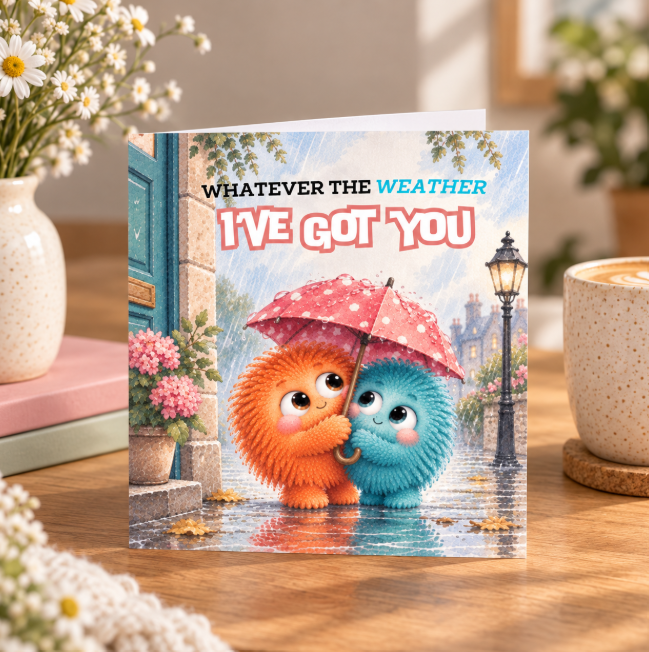 Whatever the Weather I’ve Got You friendship card featuring two cute fluffy friends sharing a pink umbrella in the rain