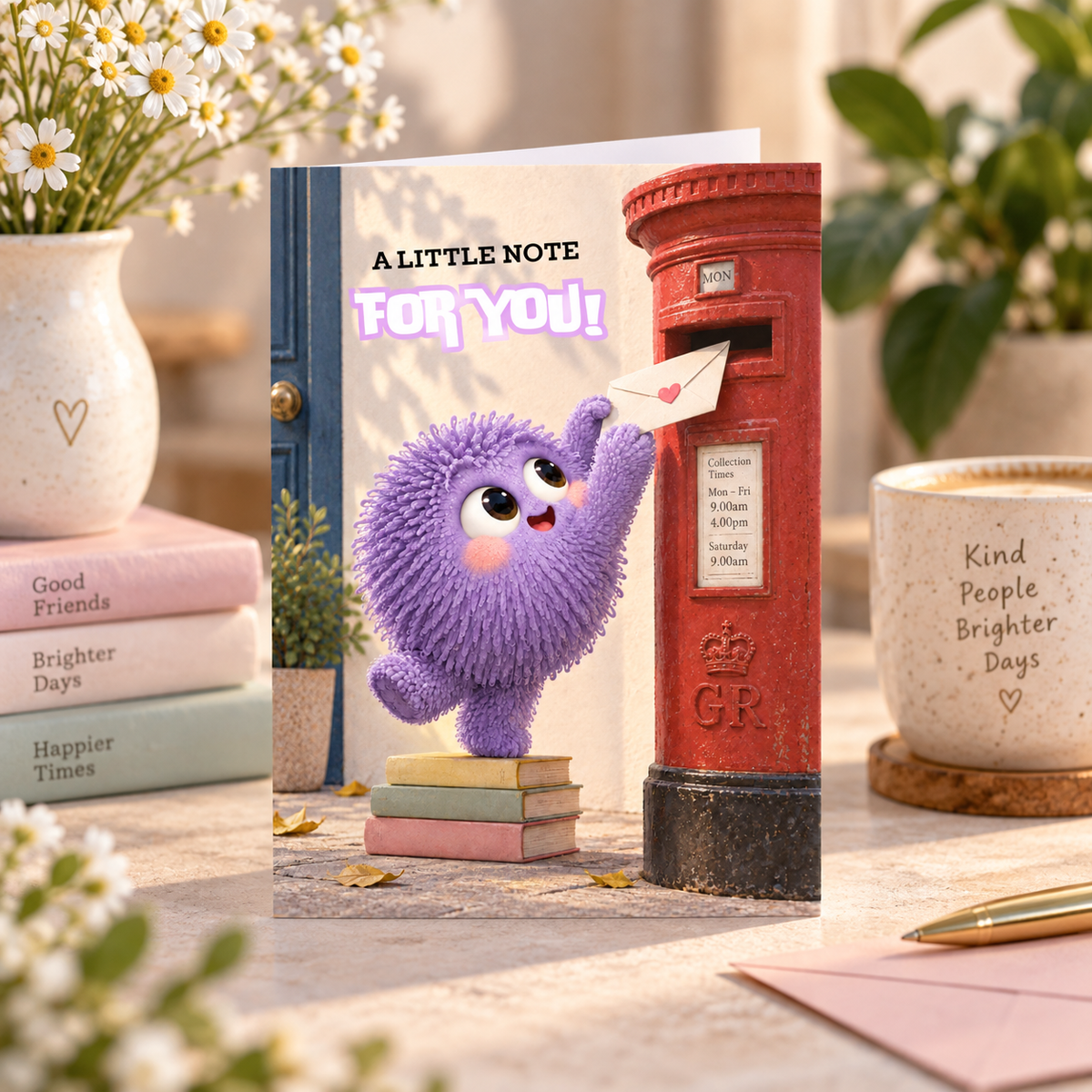 A Little Note For You just because card featuring a cute purple fluffy character posting a heart-sealed letter into a red postbox