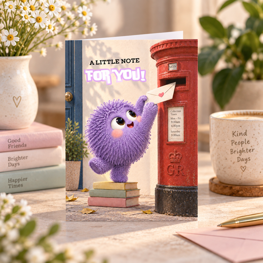 A Little Note For You just because card featuring a cute purple fluffy character posting a heart-sealed letter into a red postbox