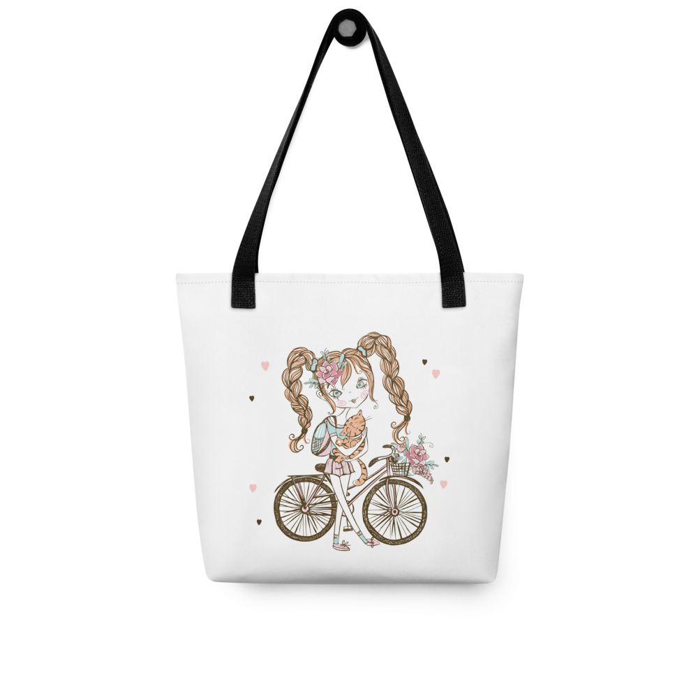 Cute Girl Bicycle Tote Bag with Cat – Adorable Cartoon Girl Canvas Shopping Bag | Reusable Aesthetic Tote