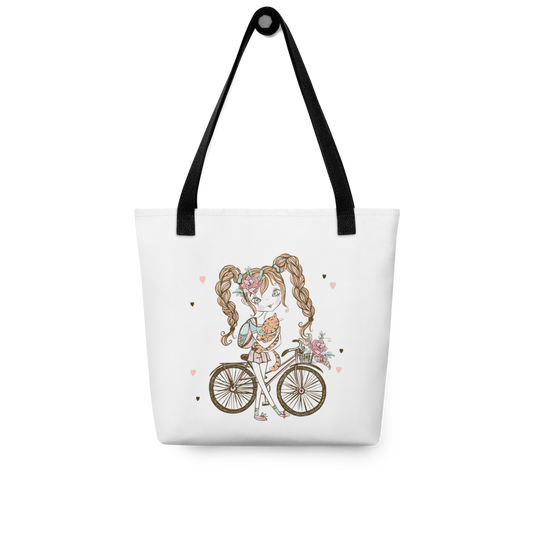 Cute Girl Bicycle Tote Bag with Cat – Adorable Cartoon Girl Canvas Shopping Bag | Reusable Aesthetic Tote