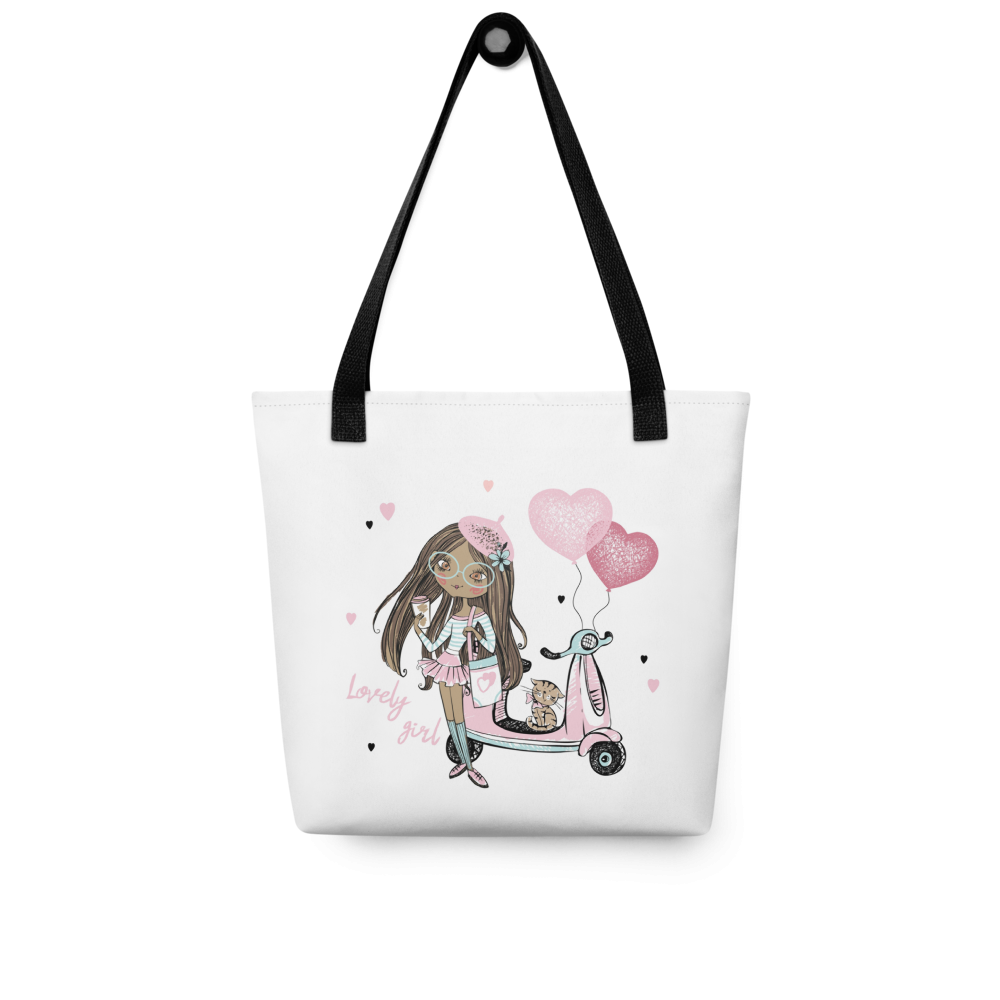 Lovely Girl Scooter Tote Bag – Cute Pink Fashion Girl Canvas Tote with Cat & Heart Balloons | Stylish Reusable Shopping Bag